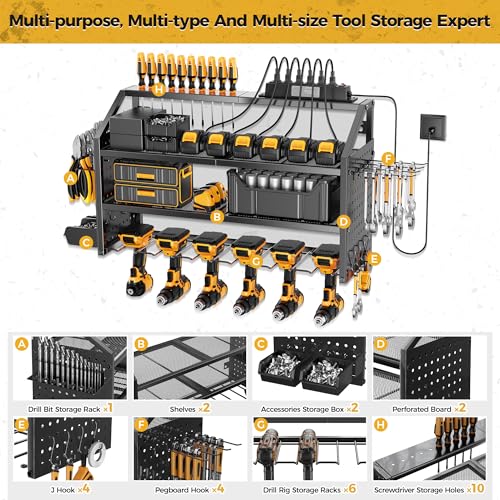 LBT 4 Layer Power Tool Organizer Wall Mount With Charging Station, Patented, 6 Outlet Power Strip, 6 Drill Holder, Heavy Duty Metal Garage Tool Storage Rack, Gifts For Men Fathers Day - Image 4