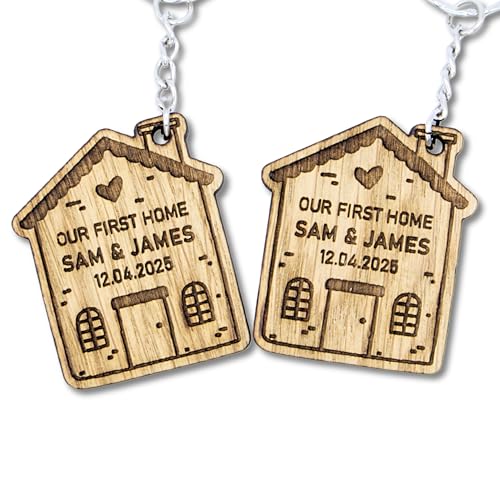 2x Our First Home Keyring – Personalised Wooden House Keyc