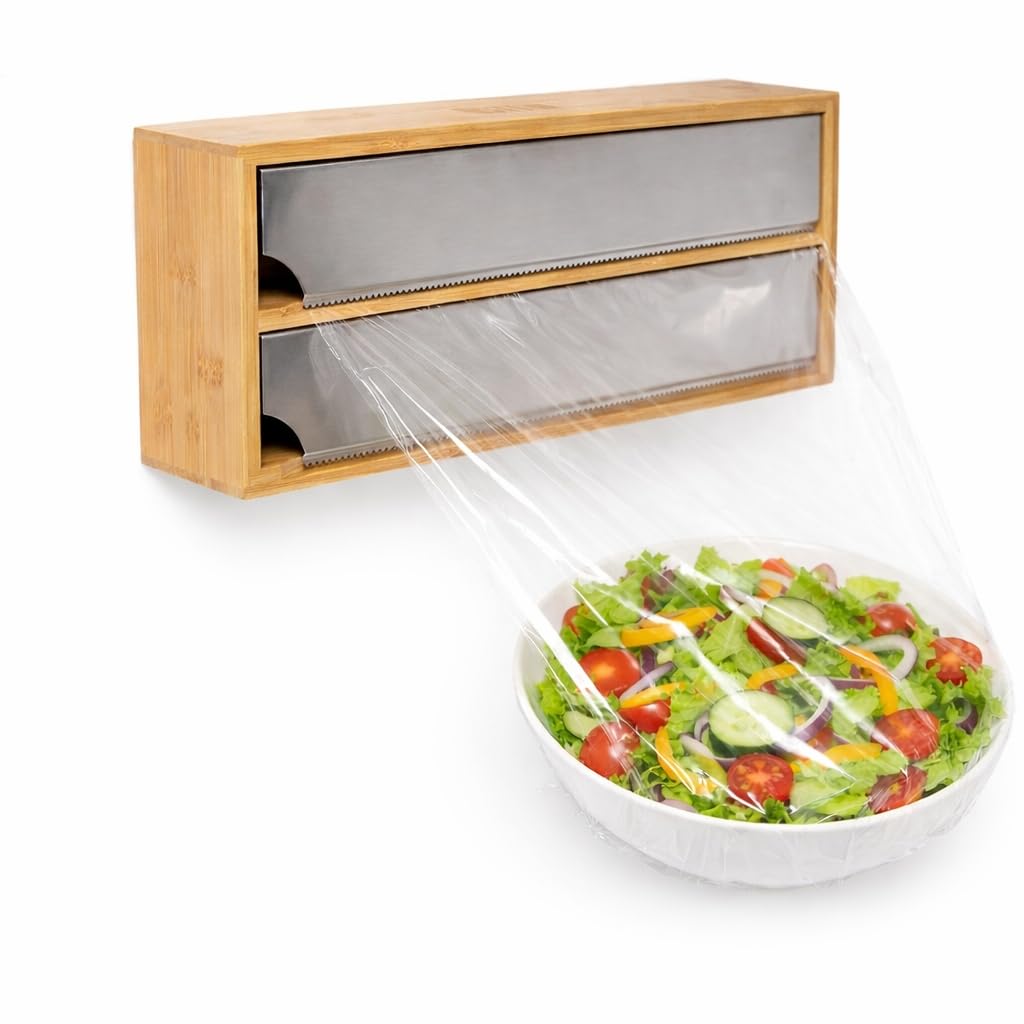 Quttin | Dispensador de Bambu Aluminio y Film 33.5x13x5.5 cm Tamaño óptimo Portarrollos Papel Cocina - Dispensador Papel Aluminio y Film Organizador de Cocina