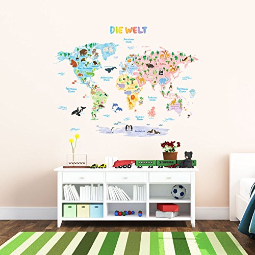 DECOWALL DAT-1615SDE Weltkarte Tierweltkarte Tiere Wandtattoo Wandsticker Wandaufkleber Wanddeko für Wohnzimmer Schlafzimmer Kinderzimmer (Groß) (Deutsche Ver.)