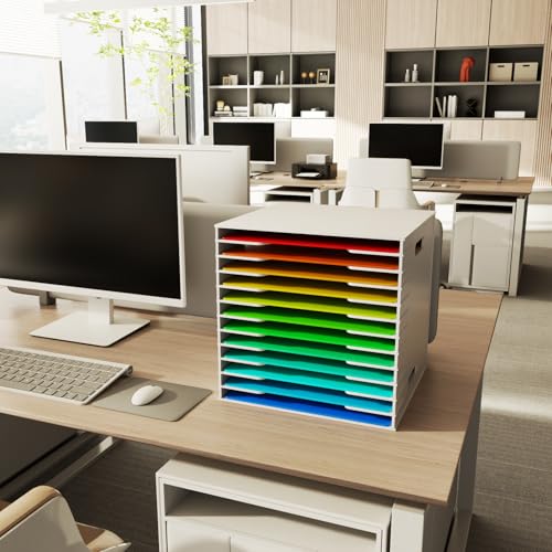 Image of Scrapbook Paper Organizer, 12 Tier Desktop File Sorter Storage Desktop Paper Holder, 13 inch x 12 inch Papers Storage, Document Letter Tray, A4 Papers Document Storage Rack for Home, Office and School