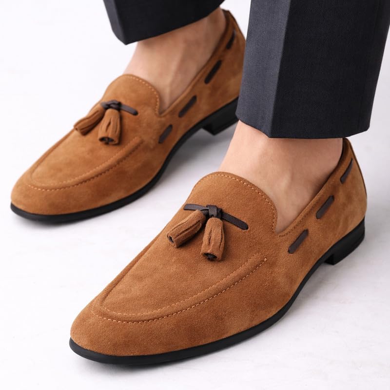 Image of FAUSTO Mens Suede Leather Tassel Loafers| Slip-On Party & Formal Dress Casual Shoes for Weddings & Parties | Comfort Moccasins