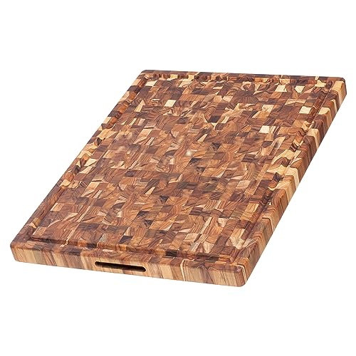 Teakhaus Butcher Block Carving Board - Large Reversible Wooden Cutting Board with Juice Groove and Grip Handles - Teak End Grain Wood - Knife Friendly - FSC Certified Teakhaus Butcher Block Carving Board - Large Reversible Wooden Cutting Board with Juice Groove and Grip Handles - Teak End Grain Wood - Knife Friendly - FSC Certified