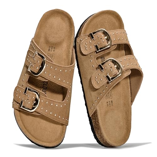 Image of Project Cloud 100% Genuine Leather Flat Sandals For Women 2026 Cork Footbed Womens Sandals with Memory Foam and arch support Vacation Essentials Slides for Women Footwear (Venita)