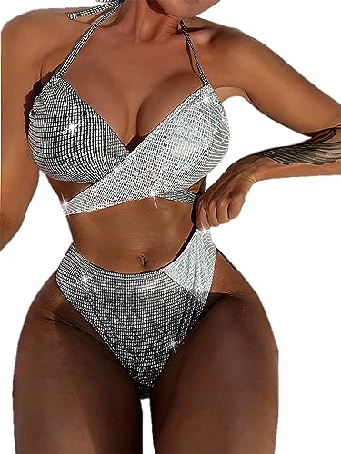 Women's 2 Piece Holographic Metallic Bikini Set Sexy Backless Cross Wrap Swimsuit High Waisted Bathing Suit