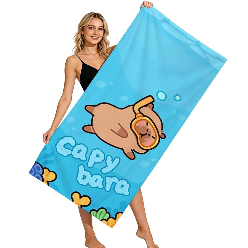 WFKKMEQ Capybara Beach Towel, Quick Dry Microfibre Towels Cartoon Bath Towels Sand Free Shower Towel Lightweight Sports Towel Super Soft Beach Blanket for Travel, Swimming, Pool, Beach(70 * 140cm)
