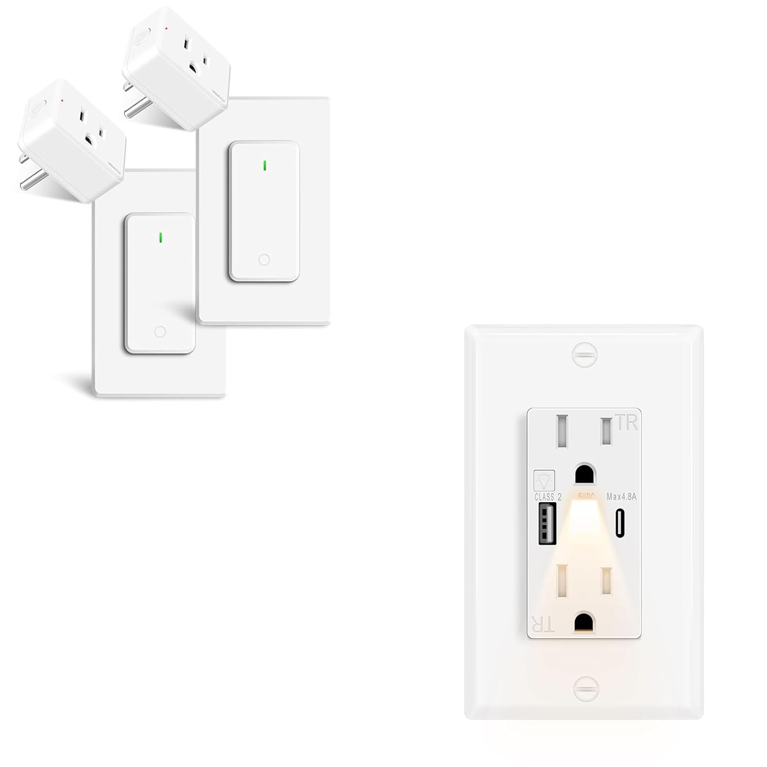 Remote Control Outlet+USB C Outlets with Night Lights Built in,Greencycle 1PK 15Amp High Speed Night Light Wall Outlet,4.8A USB A/C Ports Electrical Outlet Tamper-Resistant,Wall Plate Included for Hom