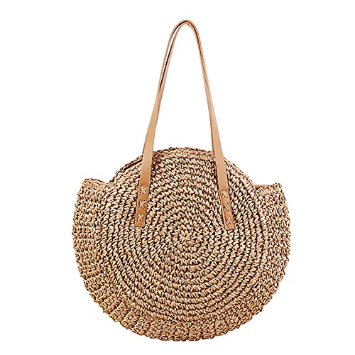 flower205 Runde Stroh Strandtasche, Handgemachte Rattan Woven Straw Handtasche, Sommer-Strandtasche im Freien Strand(Camel) Cover