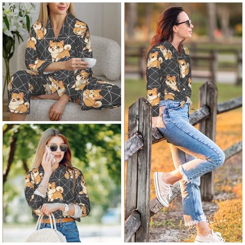 Image of Women'S Long Sleeve Pajama Set Soft Loungewear Button-Down Top & Elastic Waist Pants S- 2XL