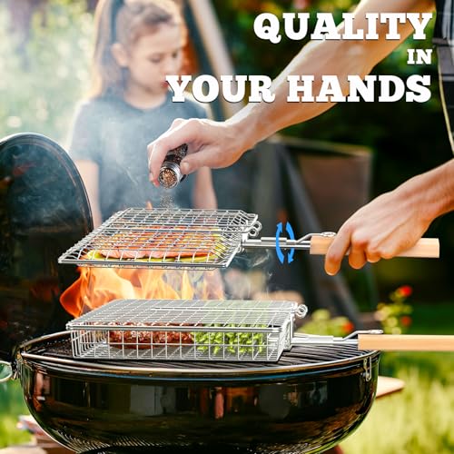 ivtivfu Fischgrillkorb-Set, Abnehmbarer Holzgriff, Edelstahl 304, Outdoor Küche Grill Zubehör für Gemüse Garnelen, Garten Camping Gasgrill, Geschenke Geburtstagsgeschenk für Männer Ehemann Papa 3