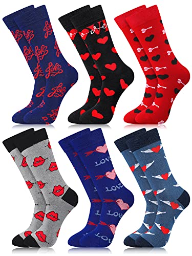 Berlune 6 Pairs Valentine‘s Day Socks for Men Heart Socks Novelty Fun Cotton Crew Love Heart Gift for Men Valentine Wedding