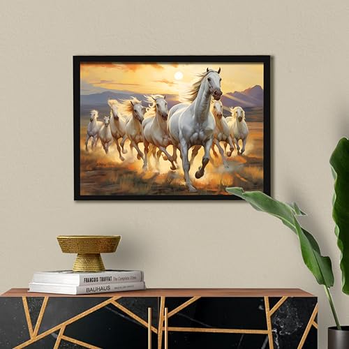Image of 8 White Running Horses Vastu Framed Wall Art Painting for Living Room| Symbol of Success, Eight Horse Painting With Frame For Home & Office, 10x12 Inch