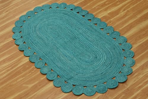 Tapis en jute turquoise lavable pour zone de trafic et salon