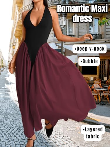 Image of ChiaoLezhee Deep V Neck Dress, Halter Maxi Dresses, Vacation Date Night, Sexy for Women Corset Flowy Wedding Guest Drop Waist