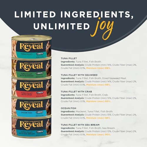Image of Reveal Natural Wet Canned Cat Food, 5-Flavor Variety Pack, Limited Ingredient, Grain Free, High Protein with No Artificial Additives, Fish Variety in Broth (20 x 2.47 oz Cans) (Pack of 60)