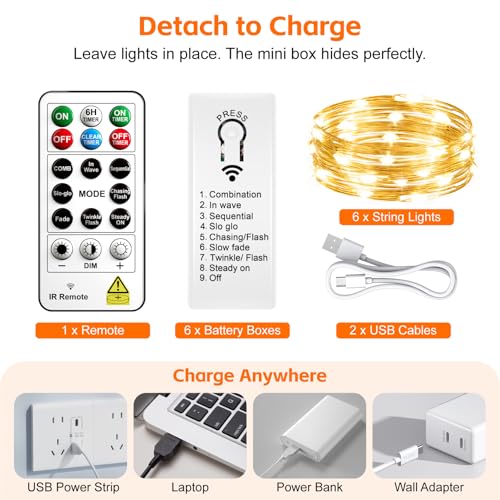 Image of 6 Pack Rechargeable Fairy Lights with Remote & DIY Timer, 7ft 20LED Dimmable Silver Wire String Light for Mason Jar, Mini Twinkle Lights for Indoor Christmas Bedroom Wedding Decor, Multicolor