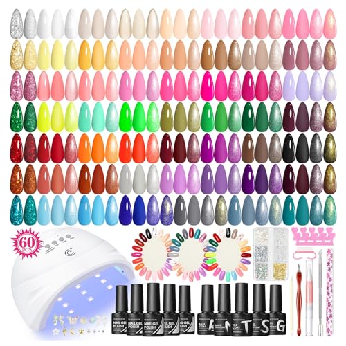 PEACECOLOR 60Pcs Kit Uñas Semipermanentes, 55PCS Esmaltes Pintauñas Semipermanentes Base Top Coat Brillante Mate Glitter, Lámpara U V/LED Uñas Kit Completo Regalos Principiantes