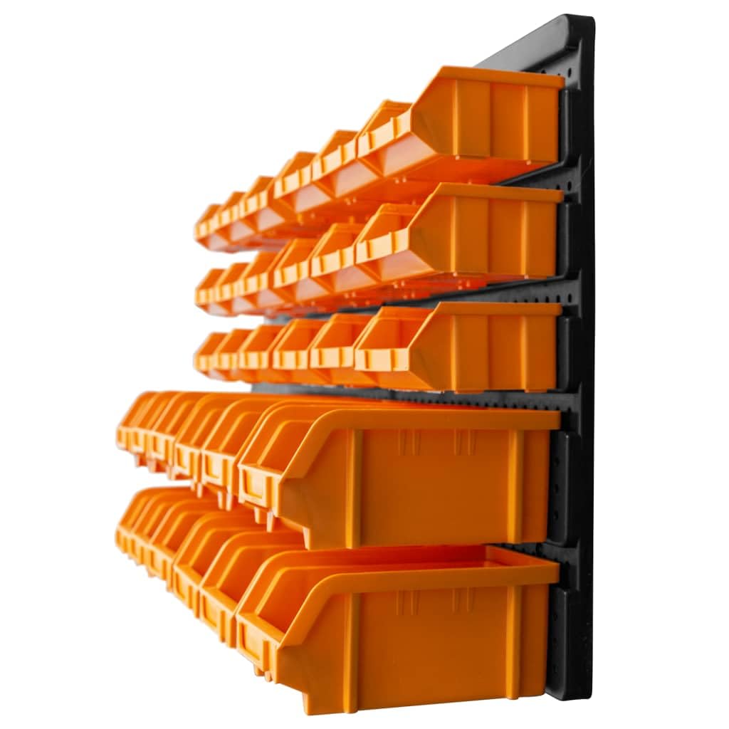 Juego de 32 cajas de almacenamiento de color amarillo y negro, 100% polipropileno, 30 recipientes de almacenamiento con 2 soportes de pared para taller, garaje, tornillos, tacos