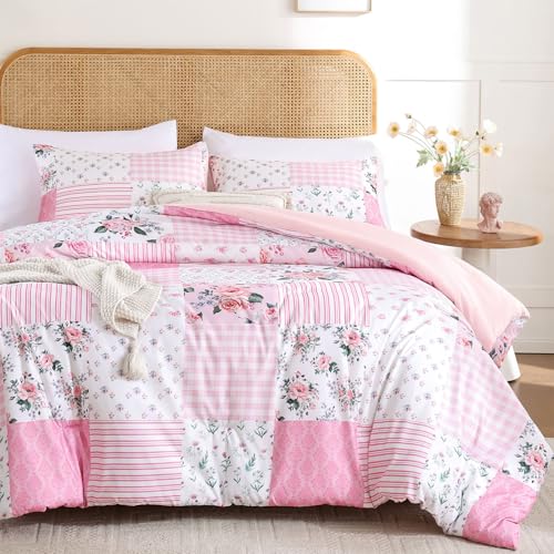 YIKUSH Pink Floral Queen Comforter Set Soft Lightweight All Season Bedding Set for Women Girls Cozy Cottagecore Botanical Comforter Queen Size with 2 Pillow Shams Breathable Floral Bed Set