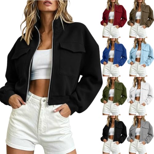 XOGWVJ Fall Tops for Women 2026 Cropped Sweatshirt for Women Zip Up Long Sleeve Jacket with Flap Pockets Relaxed Fit Casual Fall Clothes 2026 Womens Fall Hoodie Black S - image 1