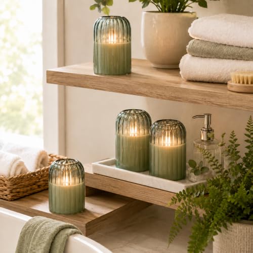 Image of Lezonic Green Glass Flameless Candles with Remote, Set of 4 Dancing Flame LED Pillar Candles, Real Wax Battery Operated Candles with 2 /4 /6 /8H Timer, Fall Halloween Thanksgiving Christmas Decor