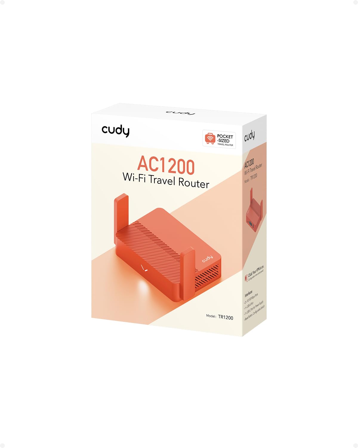 Cudy AC1200 Podróżny Router Wi-Fi, Przedłużacz/Repeater, do Hoteli i Sieci Publicznych, WISP, Klienta i Serwera VPN, USB, TR1200, Dwupasmowy, xDSL, Pomarańczowy