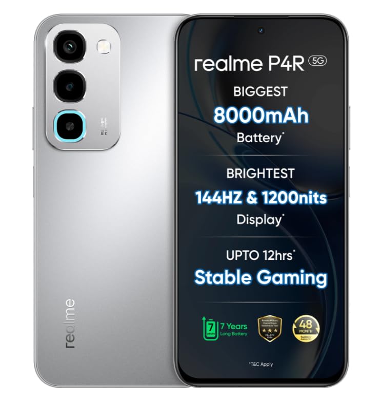 Image of realme P4R 5G Smartphone, Silver Glare, 4GB RAM, 128GB | 8000mAh Battery, 144Hz Display