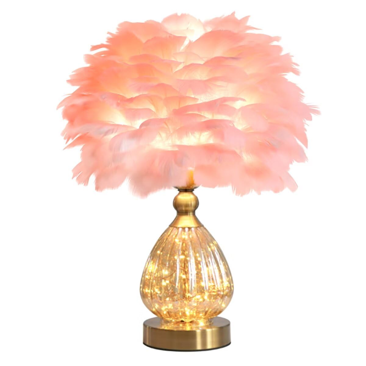 GUANSHAN Crystal Feather Table Lamp with String Lights Base Romantic Luxury Bedside Lamp Feather Table Light Desk Lampshade for Living Room, Bedroom, Wedding Gift