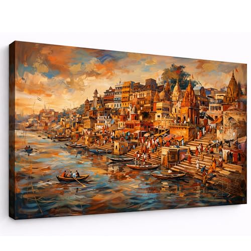 Image of Kunj Cart Premium Abstract Varanasi Ghat Painting Canvas Wall Art, Spritual Hindu God Banaras Ghat Painting Big Size Decor | Large Ganga Arti Kashi Vishwanath Artwork for Living Room, Office, Home Decoration and Wall decor (36 X 24 Inch, Unframed - LARGE)