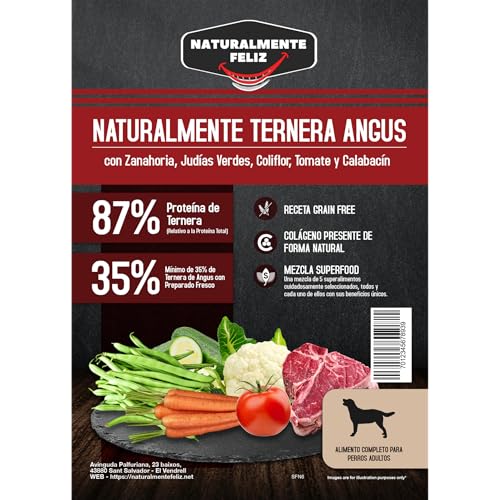 Pienso Seco Naturalmente Feliz con Ingredientes Frescos y Super Alimentos, 100% Natural Raza Mediano/Grande 6kg (Ternera Angus)