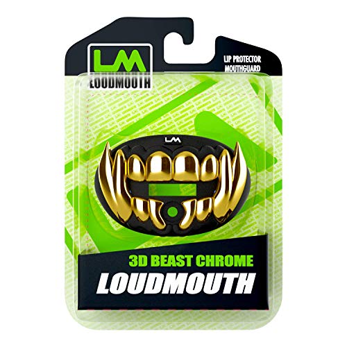 Loudmouth Football Mouth Guard | 3D Beast Chrome Adult and Youth Mouth Guard | Mouth Piece for Sports | Maximum Air Flow Mouth Guards (3D Beast - Chrome Black/Gold + Pink)