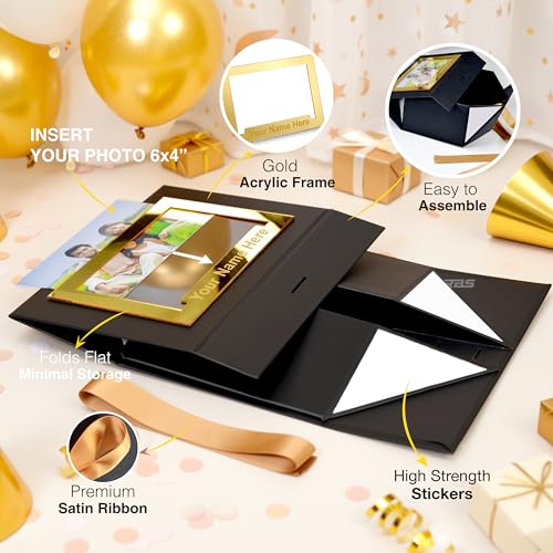 Image of RBS-Customized Name Print Gold Acrylic Gift Box with Photo Frame (23x16x10cm) Gift Box for Packing Custom Keepsake Gift Boxes for Birthday, Wedding, Anniversary Holds Upto 5 kg Hamper Packaging Box