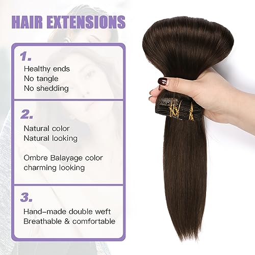 Sindra Clip In Hair Extensions-Dark Brown 16 Inch 100g 6pcs Double Weft Straight-Clip in Extensions Real Human Hair #2,16" - Image 2