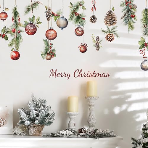 Christmas Wall Decals Winter Pine Cones Colorful Balls Removable Vinyl Waterproof Decorations Window Clings Stickers For Kid Room Bedroom Home Party Decor