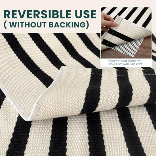 KOZYFLY Striped Rug 4x6 ft Cotton Woven Front Door Rugs, Beige and Black - Image 4