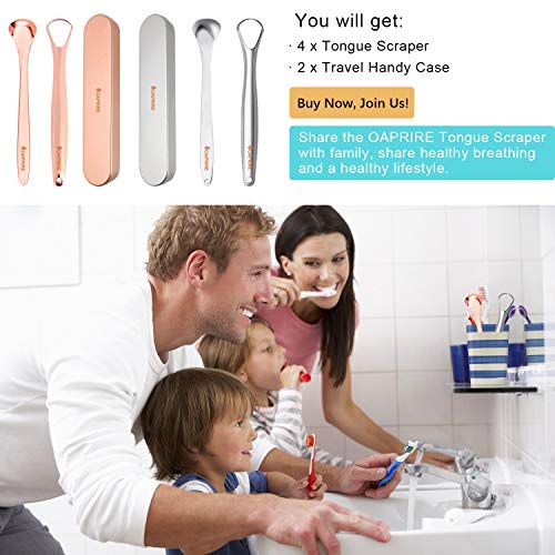 Tongue Scraper Cleaner - OAPRIRE 4 Pack Stainless Steel Tongue Scraper with 2 Travel Handy Case for Healthy Oral Care and Adults Kids, Easy to Use, Help Fight Bad Breath - Rose Gold & Silver