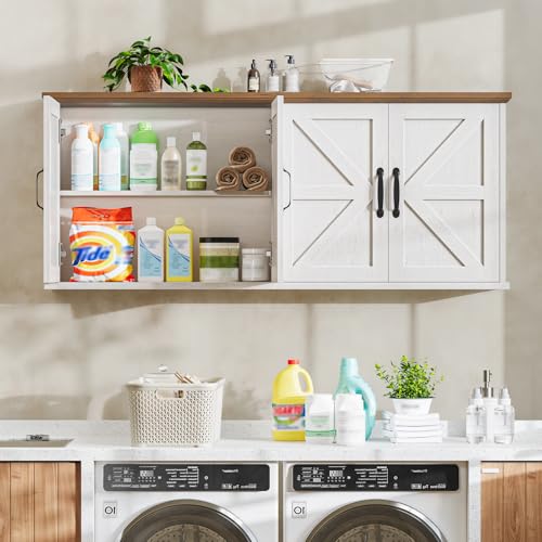 Image of Halitaa 47 inch Laundry Room Cabinets and Storage with 4 Doors and Utility Adjustable Shelf, Large Wall Mounted Storage Cabinet, Upper Kitchen Cabinet for Laundry, Bathroom, and Kitchen, White and Brown