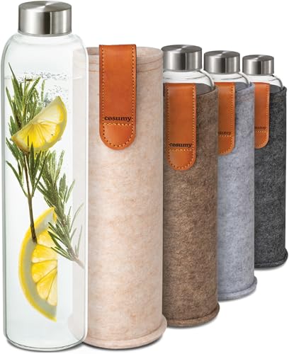 Cosumy Trinkflasche aus Glas mit Filztasche 750ml - Spülmaschinenfest - Auslaufsicher - BPA-frei - für Kohlensäure geeignet (Beige)