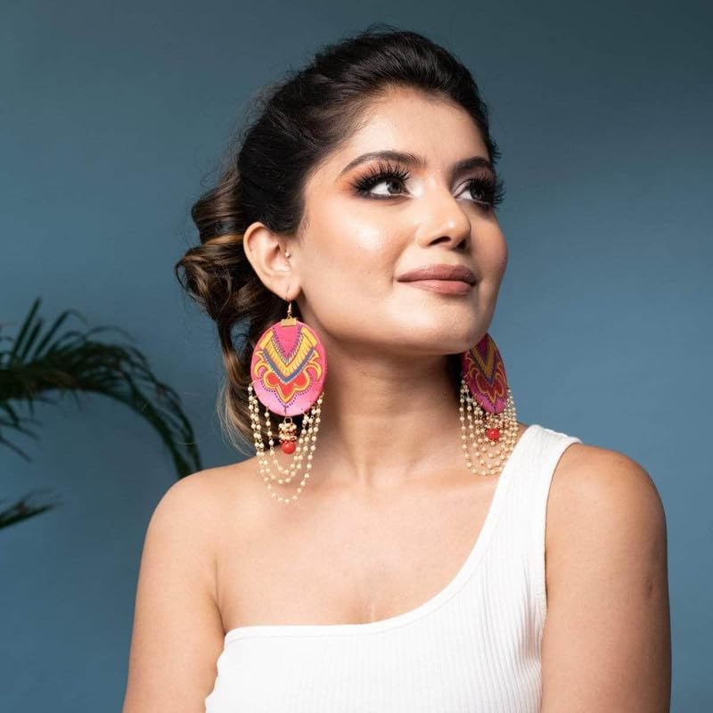 Image of KHOJ.CITY Ethnic Earrings for Women | Lightweight, Hand-Painted Chandbali with Pearl Chain | Handmade Jewellery for Women | Boho Earrings For Girls