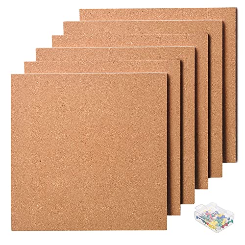 Dproptel Quadratische Korktafeln, 30,5 x 30,5 cm, 1,27 cm dick, Pinnwände mit Pinnnadeln, selbstklebende Naturkorkfliesen für Bilder, Fotos, Zeichnungen, 30,5 x 30,5 cm, 6 Stück