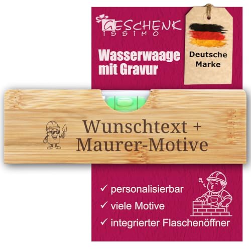 Maurerwaage - Maurer Geschenk personalisiert mit Name, Spruch, Motiv - Wasserwaage mit 3 Funktionen In Waage bringen, Abstand messen, Kronkorken öffnen, Holz Optik, 15 cm, Geschenkissimo