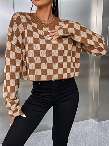 GORGLITTER Women's Checkered Cropped Sweater Plaid Knit Long Sleeve Crewneck Pullover Tops3