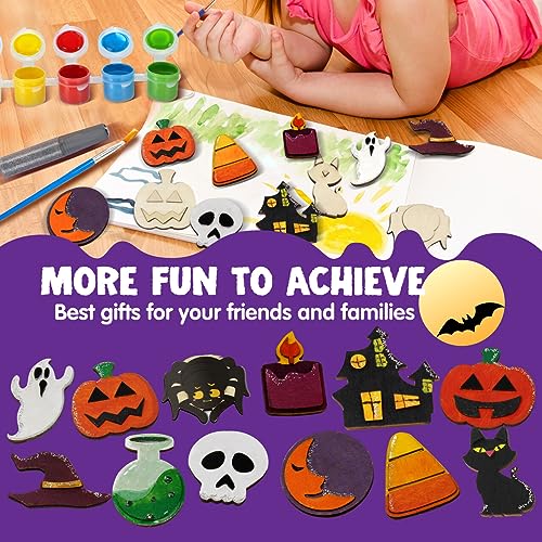Image of JOYIN 12 Pcs Halloween Wood Craft Kit, Wooden Magnet Creativity Arts Painting Kit, DIY Halloween Painting Craft for Kids Party Supplies, Toddler Party Favors Family School Activities