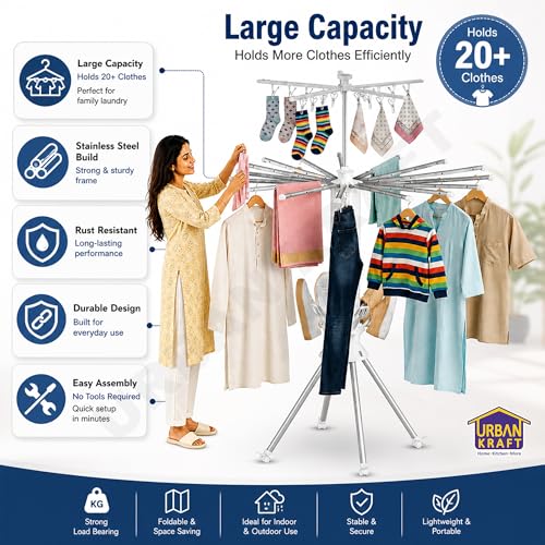 Image of URBAN KRAFT Octopus Foldable Rotating Cloth Drying Rack, 360 Multi-Layer Space Saving Laundry Stand with Lockable Wheels, 4 Pulleys, 20 Clips, 6 Shoe Dryers Rods for Indoor /Outdoor