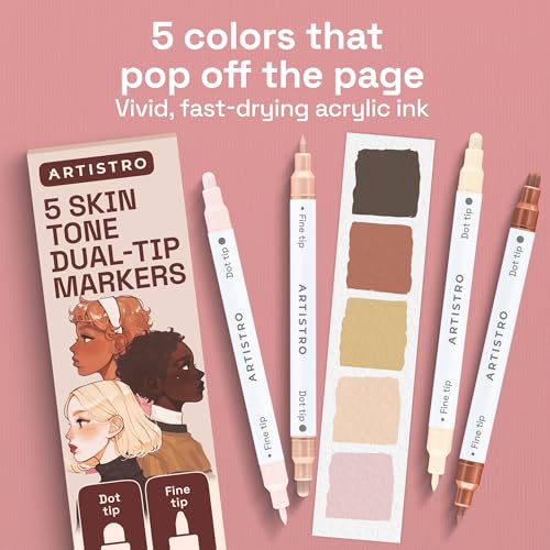 Image of ARTISTRO 5 Skin Tones Dual-Tip Acrylic Paint Markers - Paint Pens Set with Dot & Fine Tips for Fabric, Rock, Glass, Wood, Coloring Books - Arts & Crafts Gift - Classroom Must Haves & School Supplies