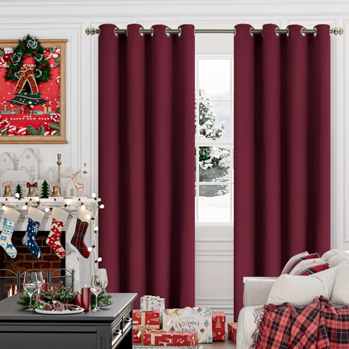 Image of YoungsTex Burgundy Blackout Curtains 90 Inch Length 2 Panels for Living Room - Thermal Insulated Drapes with Grommet Room Darkening Window Treatments for Bedroom, 52 x 90 Inch