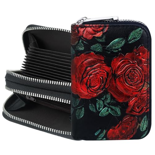 Image of CONISY Small Leather Womens Credit Card Holder Wallet with RFID Blocking (Red Rose)