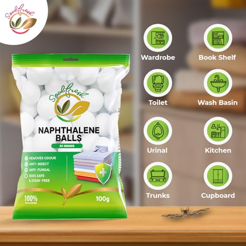 Image of SOULFRESH Naphthalene Balls White Kapoor Goli Stain-Free Insect Repellant Mothballs Sanitary Cubes for Commercial Use Cloth Wardrobe, Almirah, Bookshelves, & Drawers- 100g Pack of 10 (Total 1000gm)