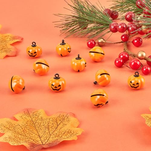 GORGECRAFT 20Pcs Mini Pumpkin Bells Halloween Jingle Bell Beads Jack O Lantern Face Brass Decorative Ornament Jewelry Making Findings Charms Pendant for Bracelets Fall Gifts Tree Home Decor Orange - Image 4