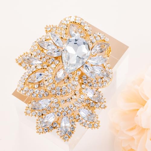 Image of LAXPICOL Big Large Women's Vintage Austrian Crystal Elegant Flower Teardrop Brooch Gold Tone
